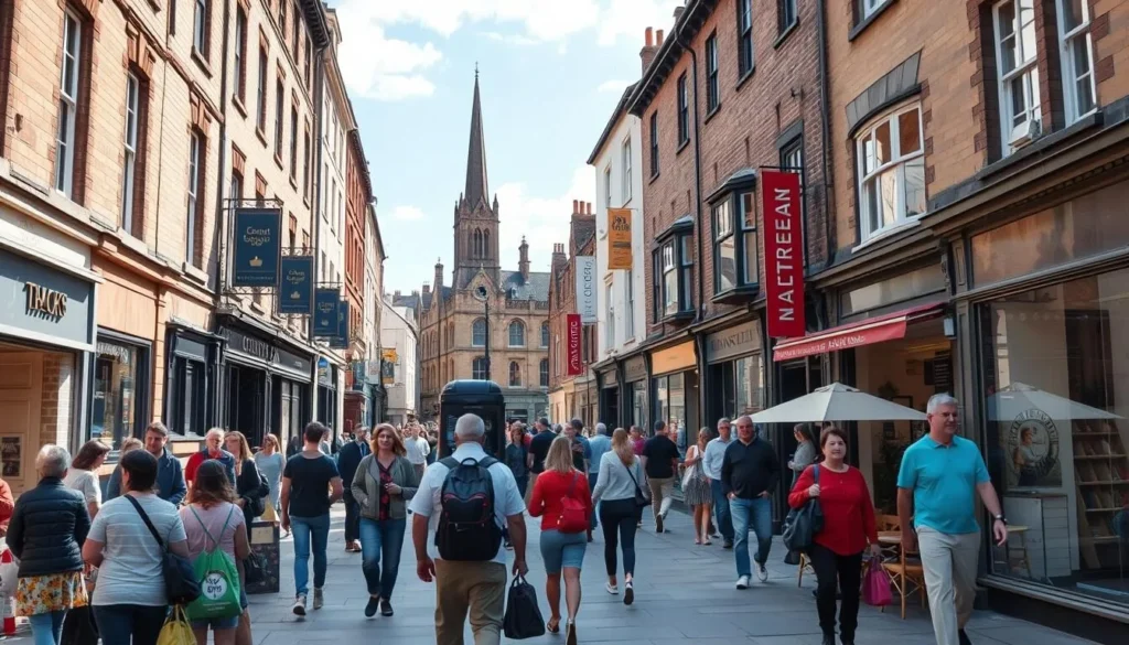 Lancaster city center pedestrian area with locals and tourists interacting Lancaster city center pedestrian area with locals and tourists interacting