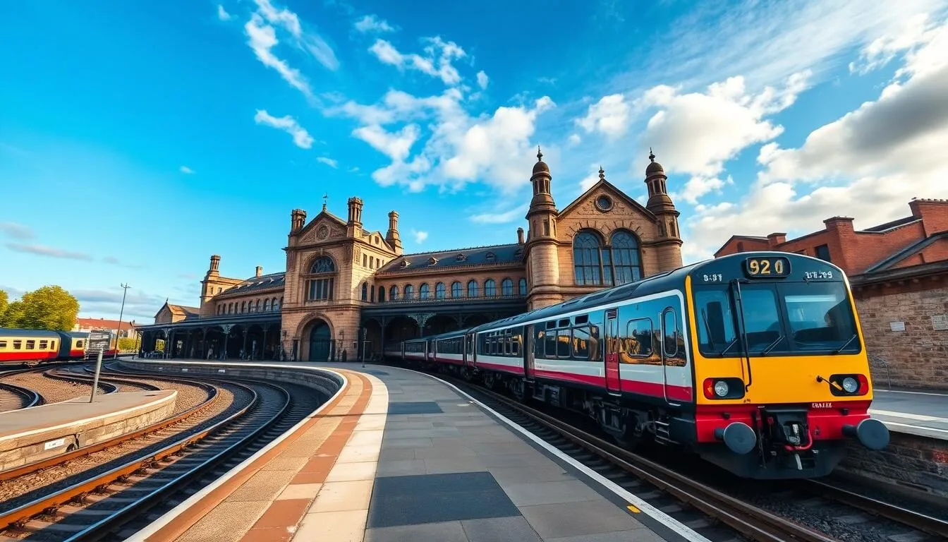 Lancaster-train-station-with-historic-architecture-and-arriving-train Lancaster train station with historic architecture and arriving train