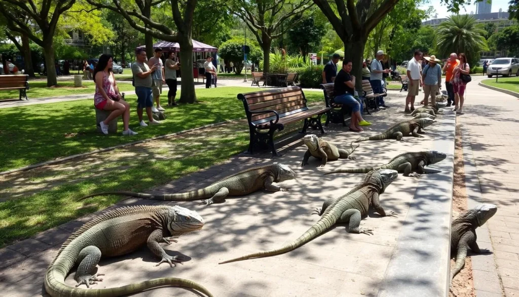 Land iguanas lounging in Parque Seminario (Iguana Park) in Guayaquil with visitors observing them