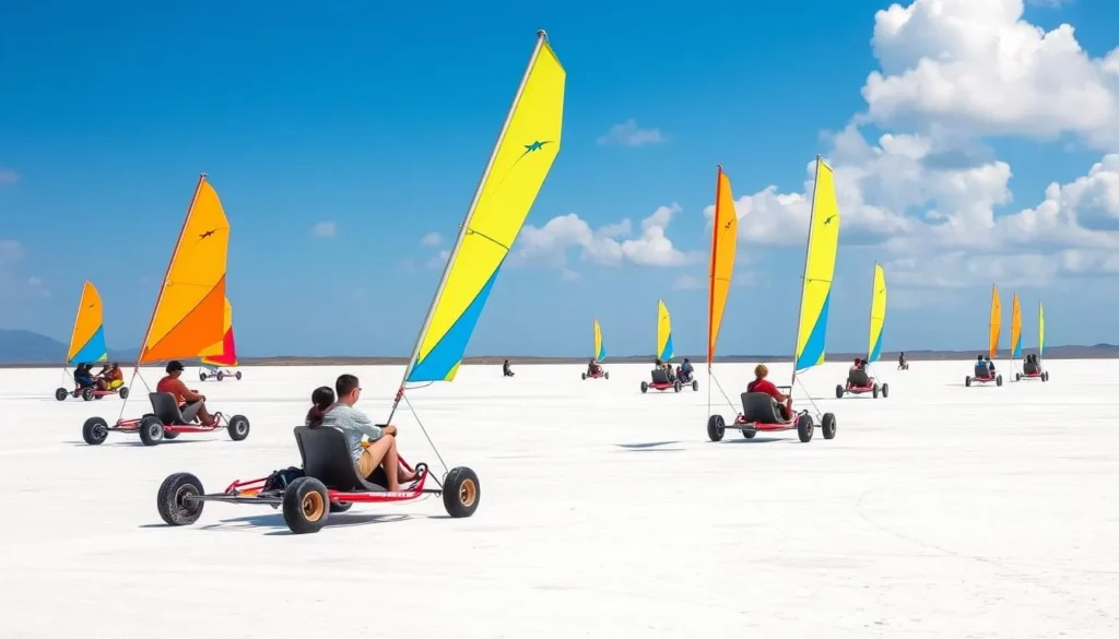 Land sailing activity on the salt flats of Bonaire with sail carts in action Land sailing activity on the salt flats of Bonaire with sail carts in action