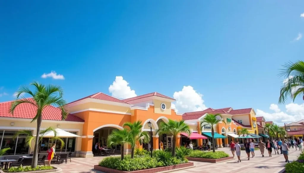 Lanterns Mall in Hastings, Barbados with shops and outdoor dining areas