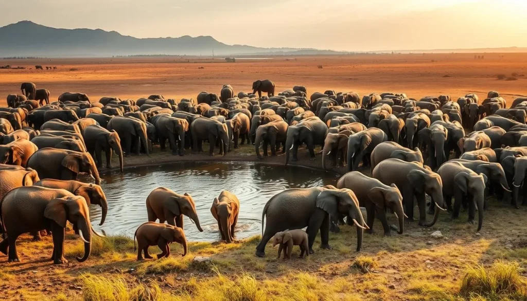 Large herd of elephants during 'The Gathering' at Minneriya National Park with babies and adults Large herd of elephants during 'The Gathering' at Minneriya National Park with babies and adults