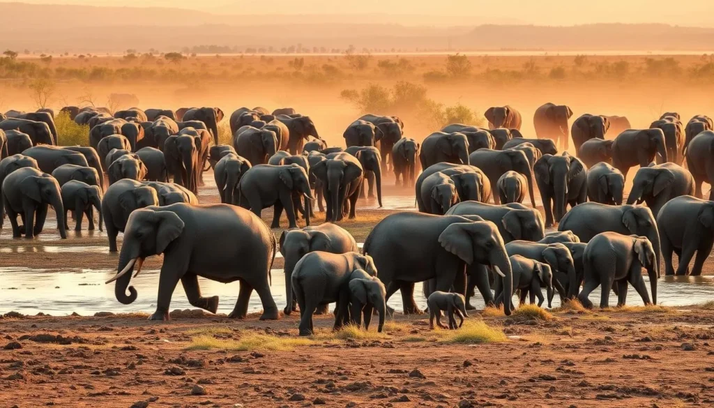 Large herd of elephants gathering at Kaudulla National Park during the dry season in Sri Lanka