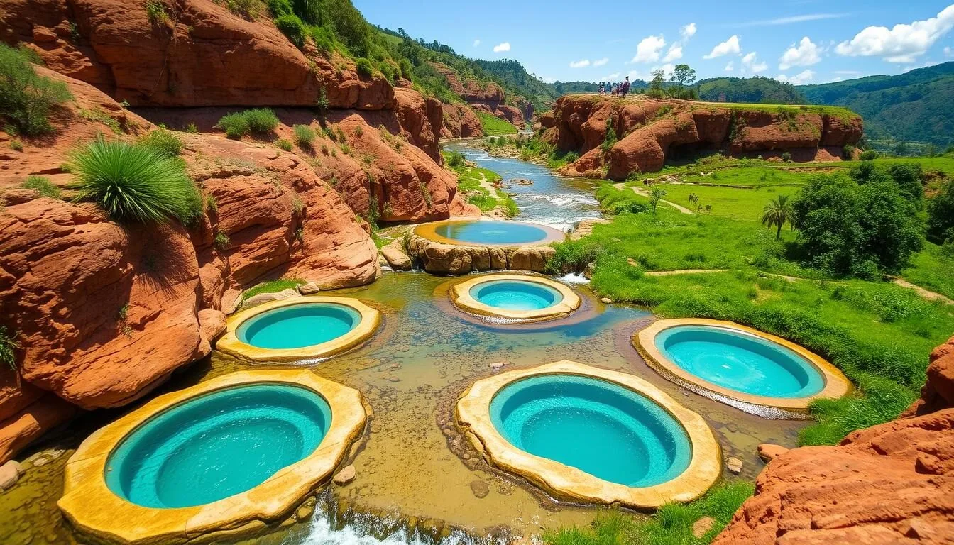 Las Gachas natural plunge pools in Guadalupe Colombia with red rock formations and clear water