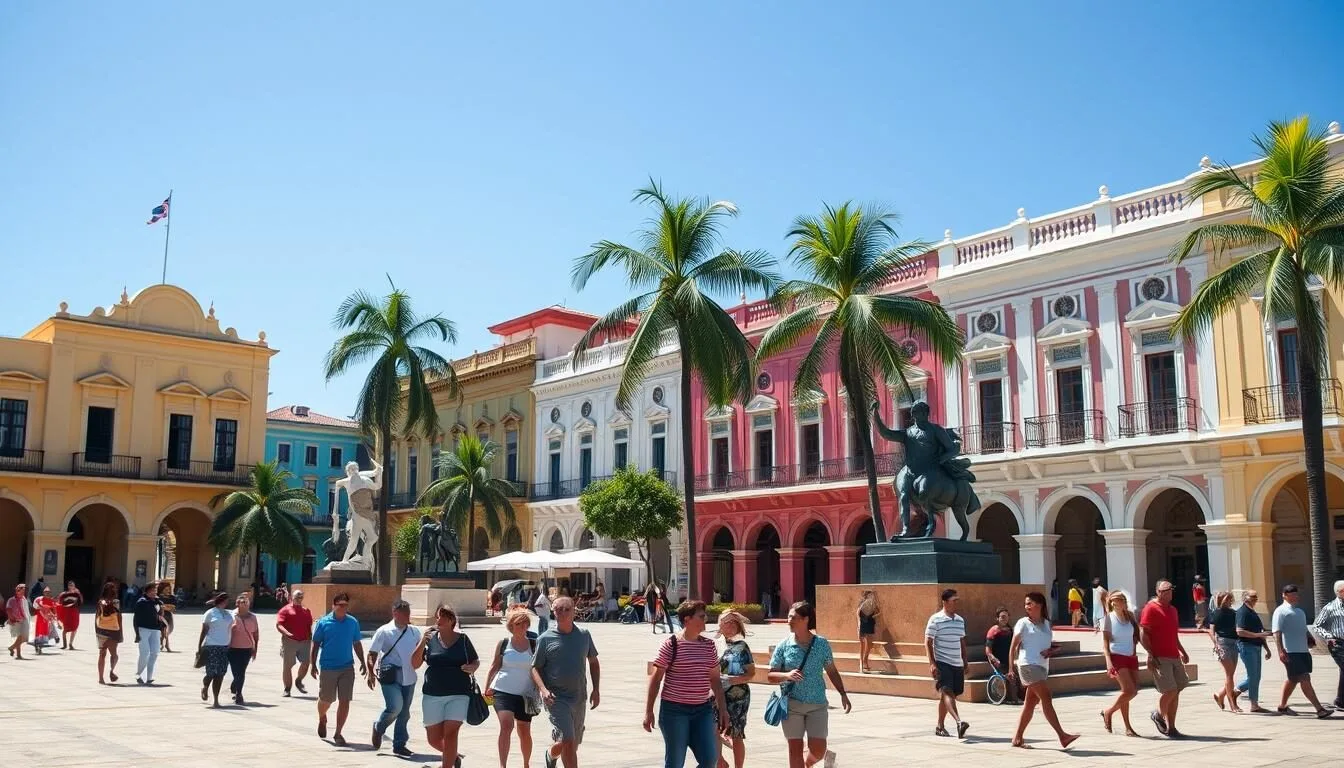Las Tunas city center with sculptures and colonial architecture, showcasing the city's reputation as the 'City of Sculptures'