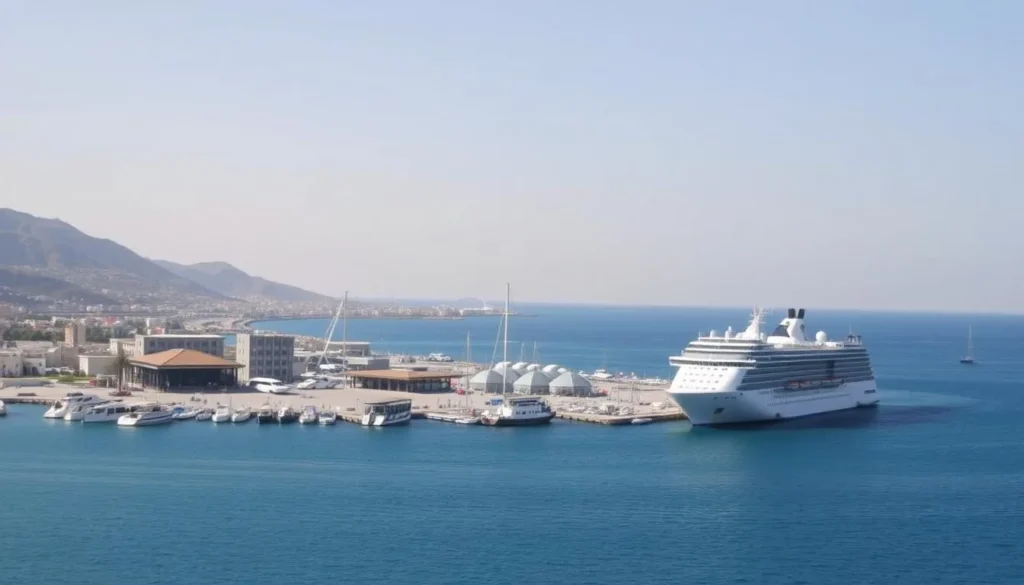 Latakia Port with cruise ships and boats docked at the harbor, showing the Mediterranean coastline