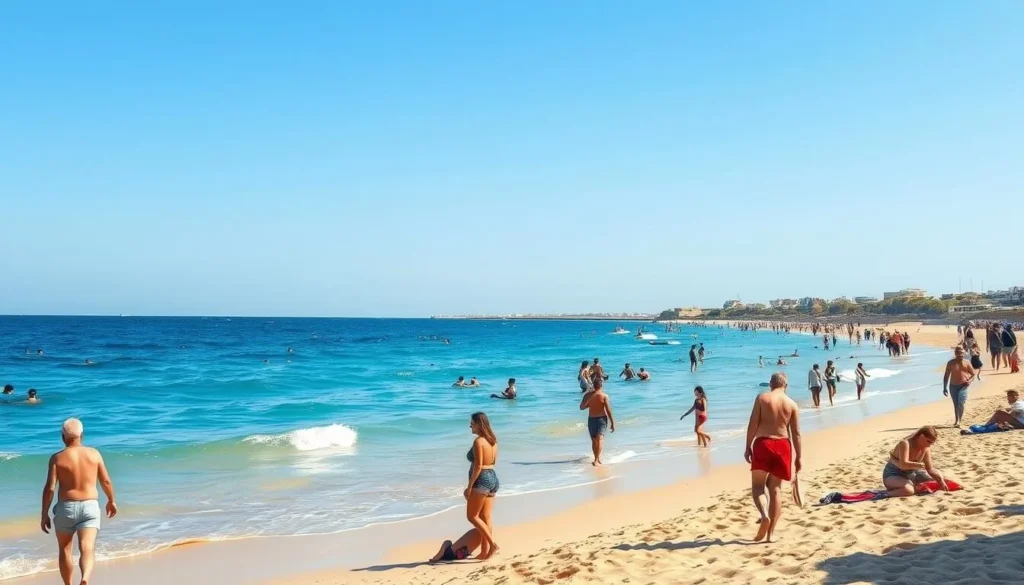 Latakia beach scene during summer with people enjoying the Mediterranean coastline and clear blue skies