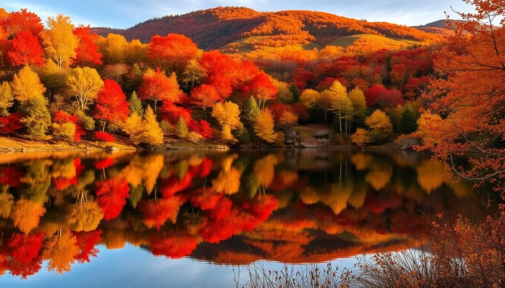 Laurel Highlands in autumn with vibrant fall foliage reflecting in a calm lake
