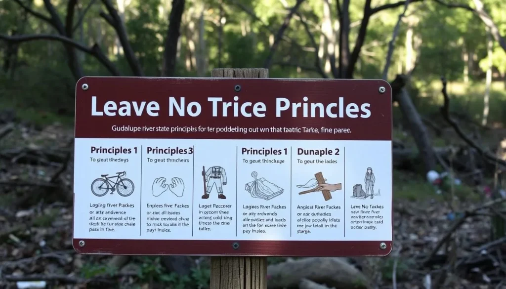 Leave No Trace principles displayed on a sign at Guadalupe River State Park