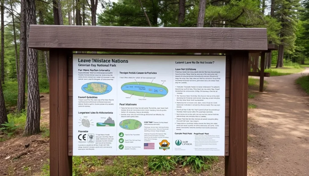 Leave No Trace signage at Georgian Bay Islands National Park with environmental protection information