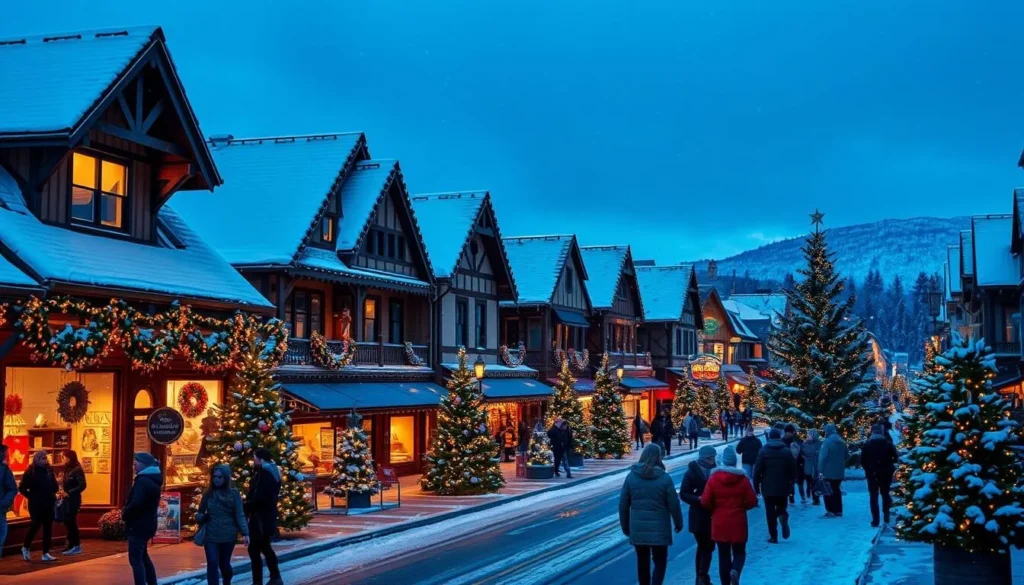 Leavenworth in winter with Christmas lights illuminating the Bavarian buildings and snow-covered streets
