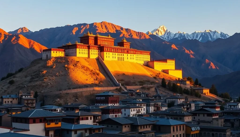 Leh Palace at sunset with golden light illuminating its ancient walls against a backdrop of mountains and the town below
