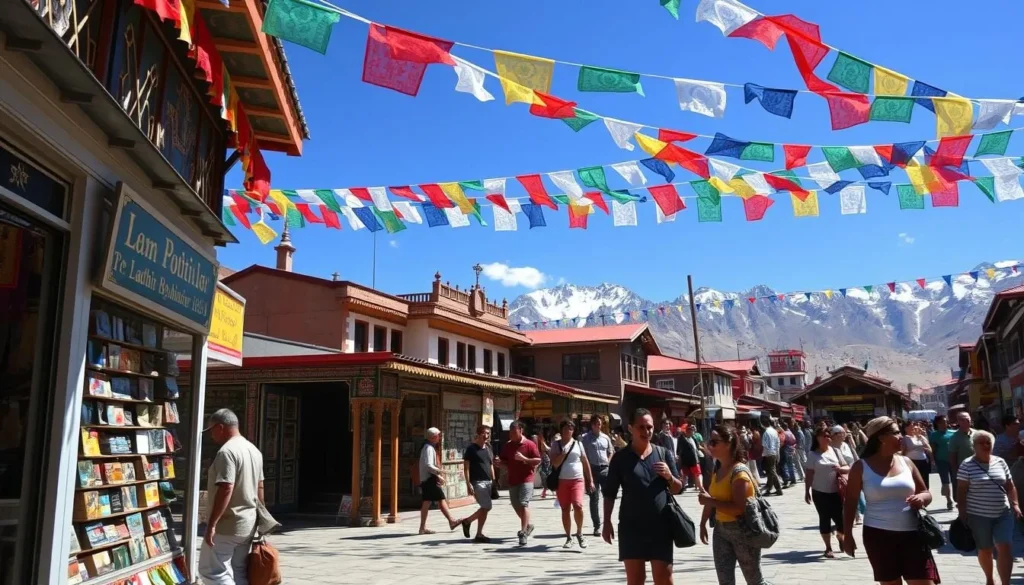 Leh marketplace in summer with colorful stalls, prayer flags, and tourists exploring under clear blue skies with mountains in background