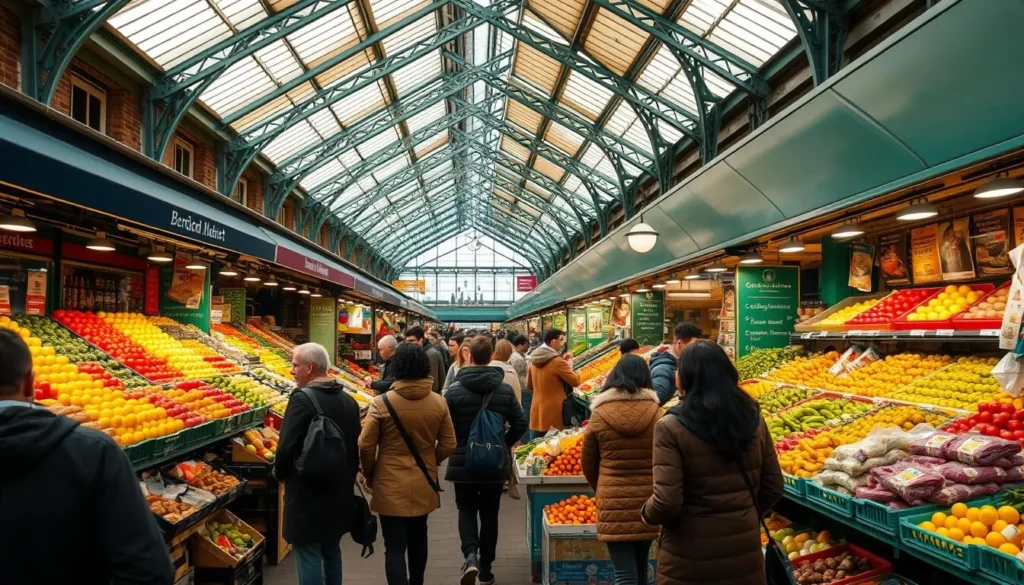 Leicester Market with colorful fruit and vegetable stalls and diverse shoppers browsing the produce