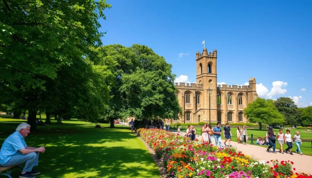 Leicester's Abbey Park in summer with blooming flowers, green trees, and visitors enjoying the sunny weather