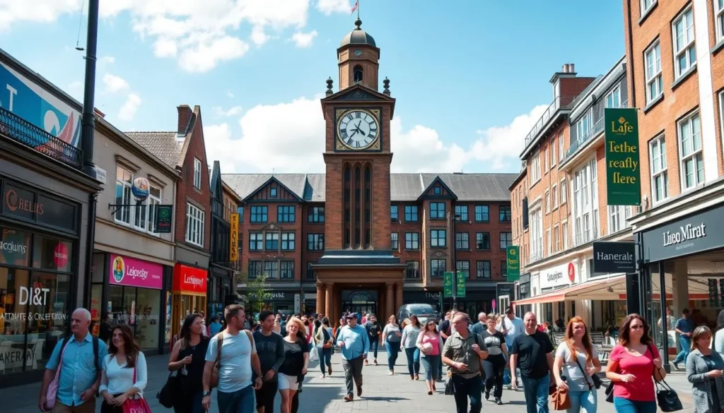 Leicester's pedestrianized city center with the Clock Tower and diverse shoppers walking through the area