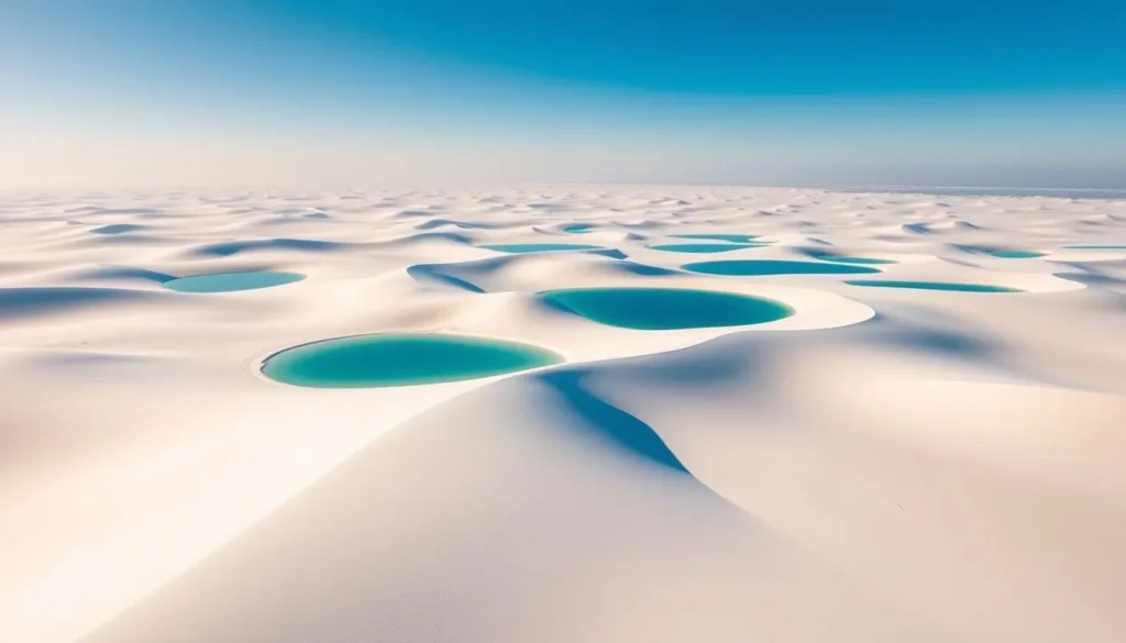 Lençóis Maranhenses National Park near Sao Luis Brazil with white sand dunes and blue lagoons