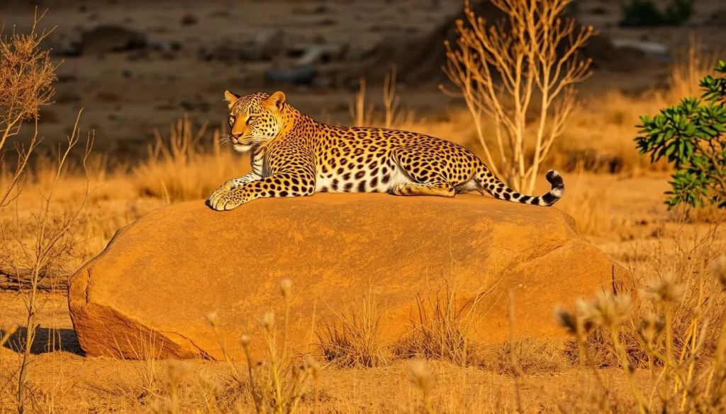 Leopard resting on a rock in Yala National Park during dry season