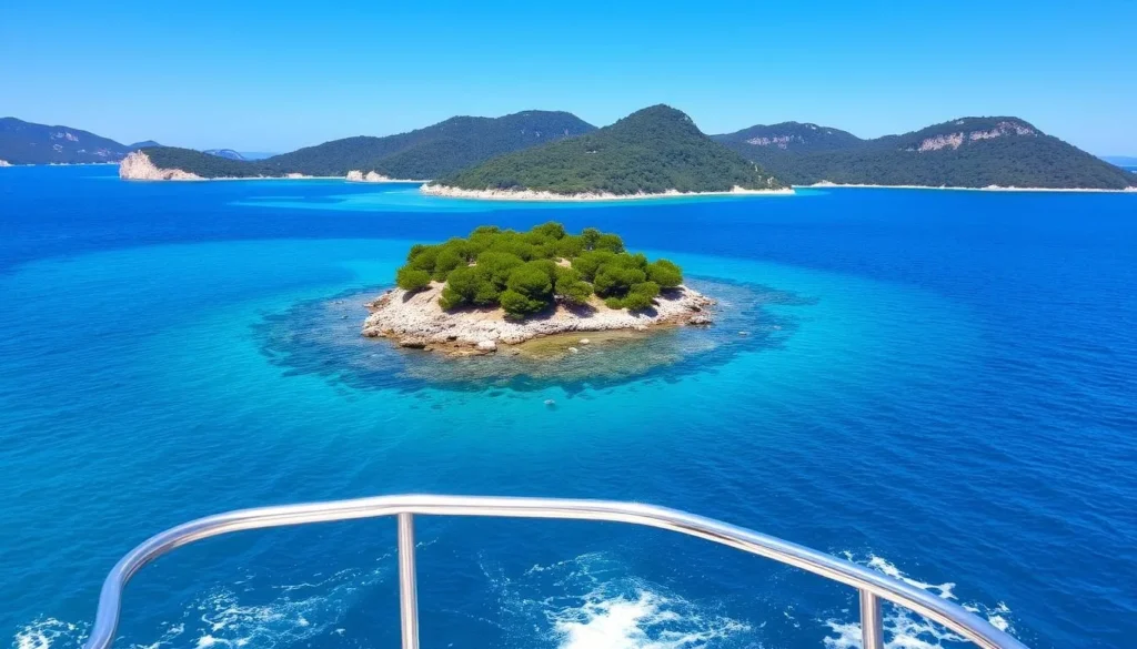 Lérins Islands view from a boat with clear turquoise waters on a sunny day Lérins Islands view from a boat with clear turquoise waters on a sunny day