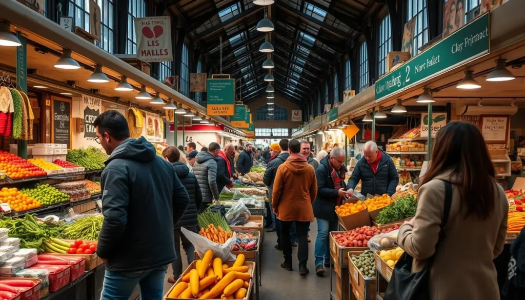 Les Halles market in Biarritz with locals and tourists shopping for fresh produce