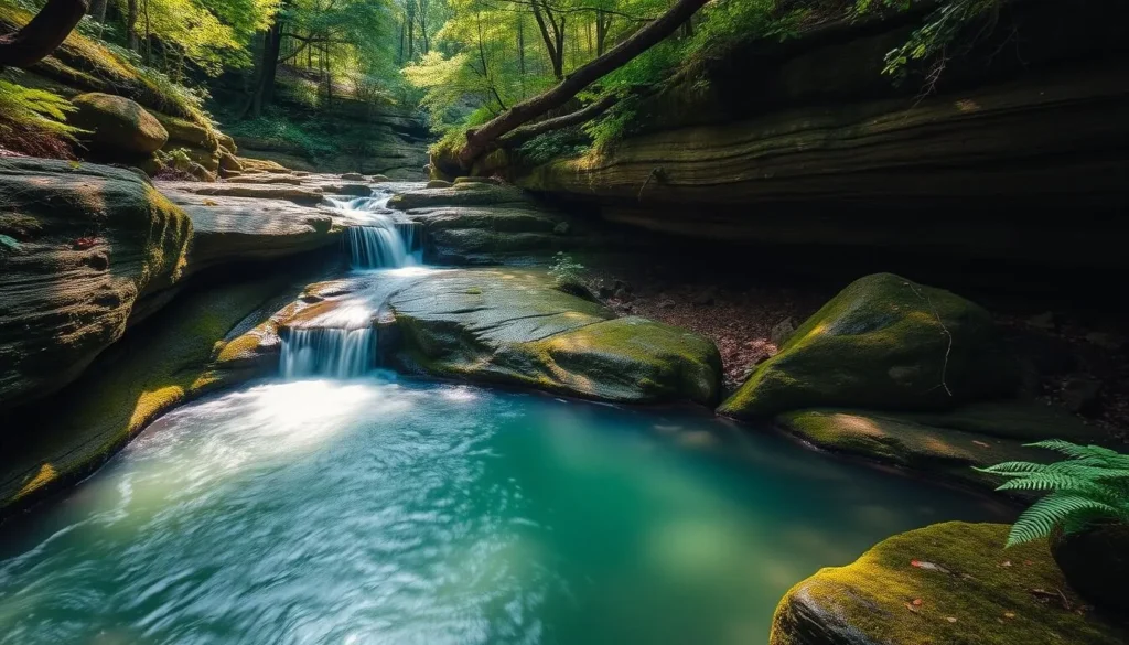 Lesser-known waterfall at Rock Island State Park with emerald pool surrounded by ferns Lesser-known waterfall at Rock Island State Park with emerald pool surrounded by ferns
