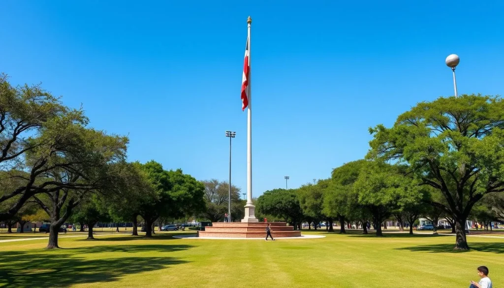 Liberty Park in San Juan with tall flagpole and green spaces