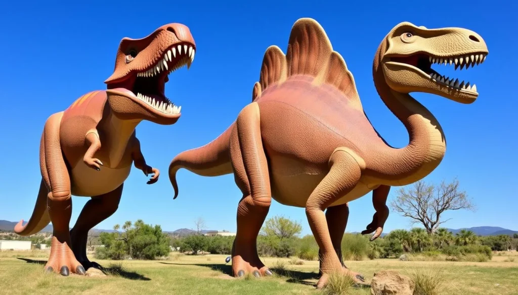 Life-sized dinosaur models at the entrance to Dinosaur Valley State Park