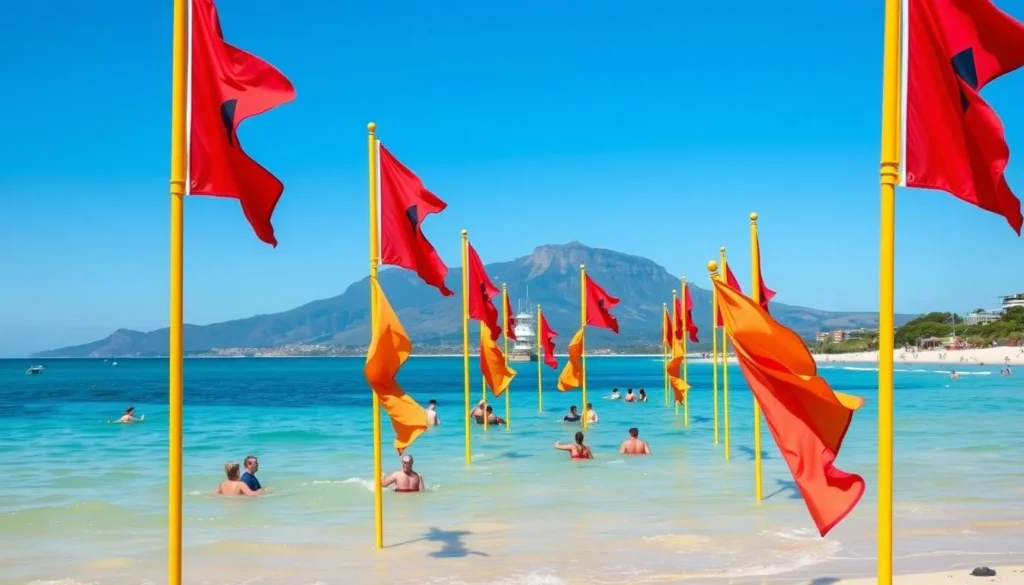 Lifeguard flags on Mount Maunganui Main Beach with swimmers
