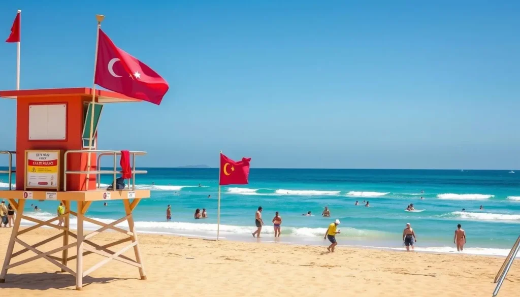 Lifeguard tower with red and yellow flags at Surfers Paradise Beach, Gold Coast Queensland during the best time to visit Lifeguard tower with red and yellow flags at Surfers Paradise Beach, Gold Coast Queensland during the best time to visit