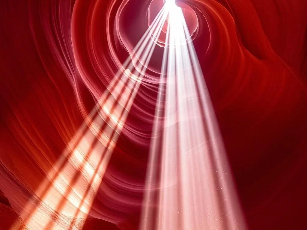 Light beams shining through the narrow slot canyon walls of Upper Antelope Canyon
