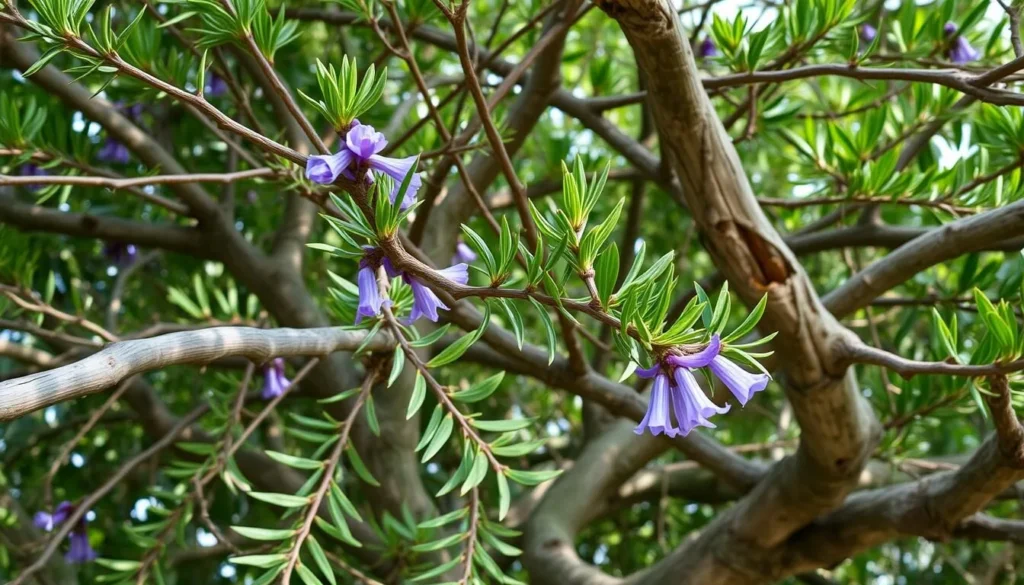 Lignum vitae trees with their distinctive blue-purple flowers in Lignumvitae Key Botanical State Park Lignum vitae trees with their distinctive blue-purple flowers in Lignumvitae Key Botanical State Park