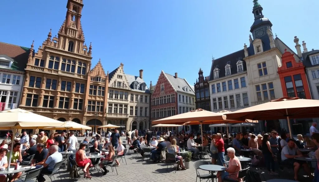 Lille France Grand Place in summer with outdoor cafes and people enjoying the warm weather