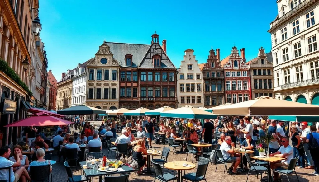 Lille France outdoor cafes in summer with people dining in Grand Place