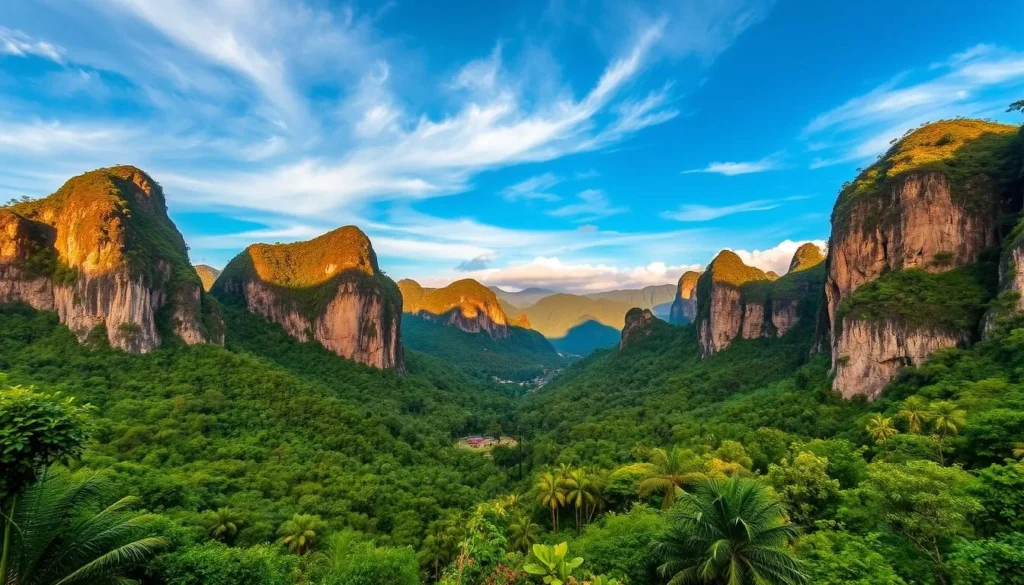 Limestone karst formations and lush valleys in Phou Hin Poun National Protected Area