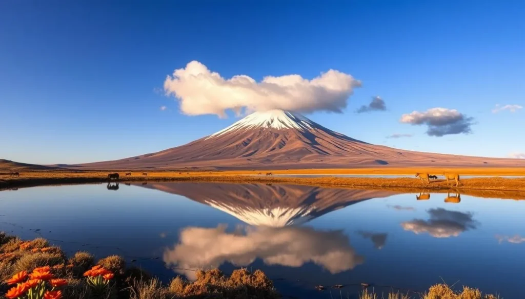 Limpiopungo Lake in Cotopaxi National Park with the volcano reflected in its still waters