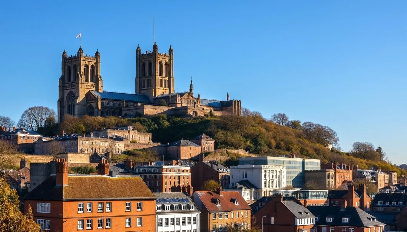 Lincoln cityscape showing the cathedral on the hill and surrounding architecture