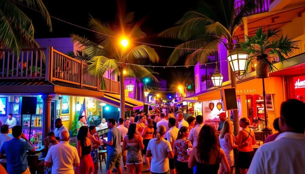 Lively nightlife scene on First Street in Holetown with bars and live music