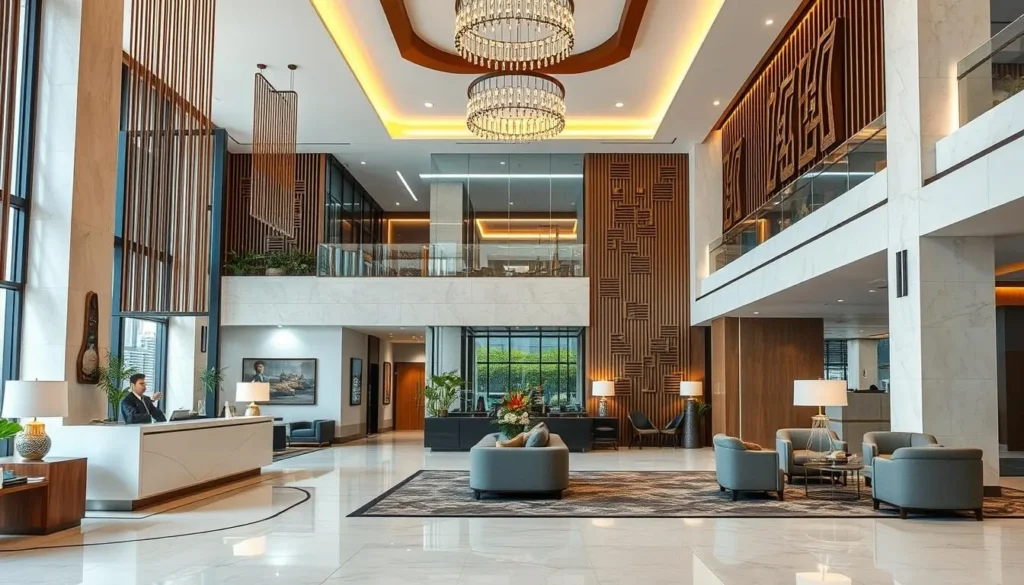 Lobby of a modern hotel in Pekanbaru with traditional Malay design elements