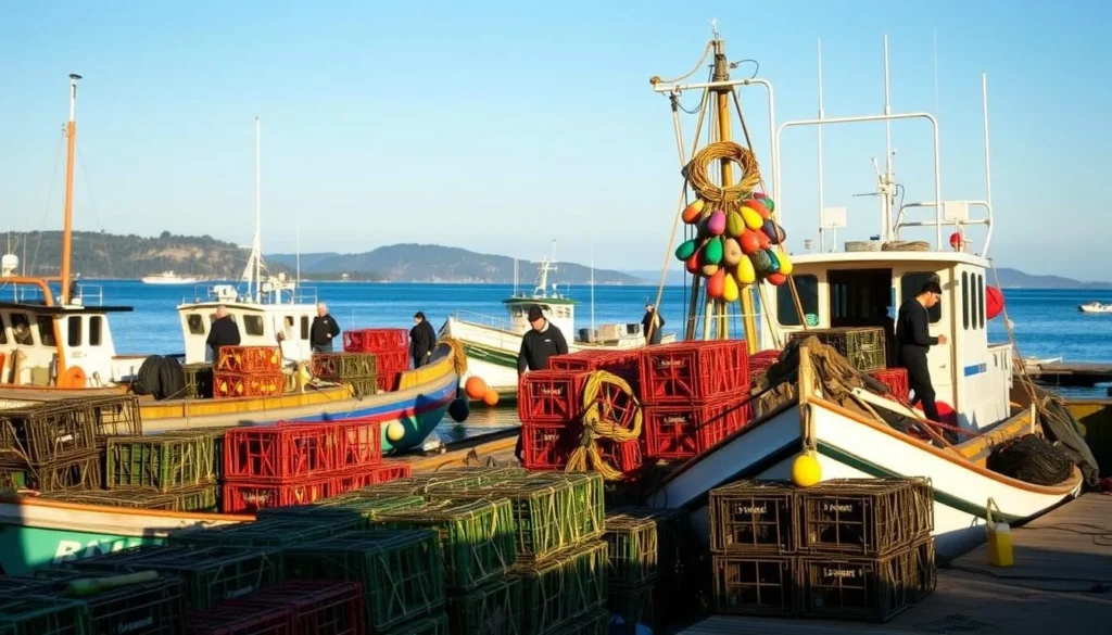 Lobster boats in Matinicus Harbor with traps and buoys Lobster boats in Matinicus Harbor with traps and buoys