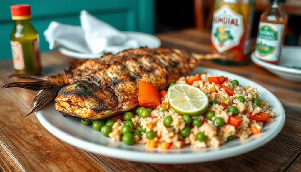 Local Anguillan cuisine with grilled fish, rice, and vegetables at a restaurant in Stoney Ground Village