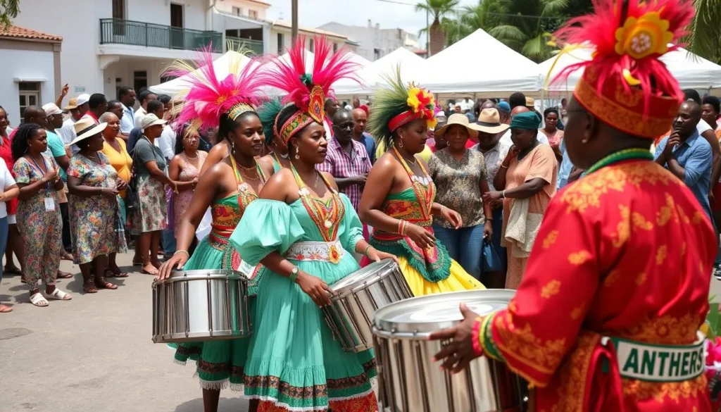 Local Antiguan festival with colorful costumes and steel drum band