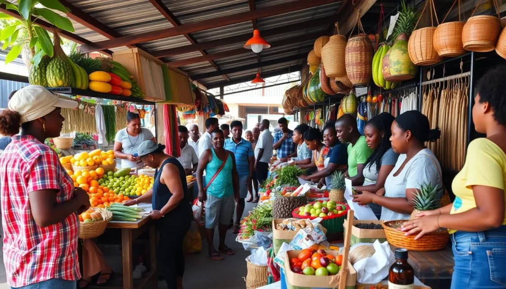 Local Antiguan market with vendors and tourists interacting