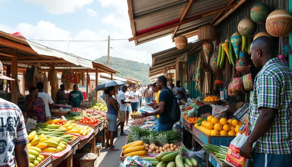 Local Antiguan market with vendors selling fresh produce and crafts