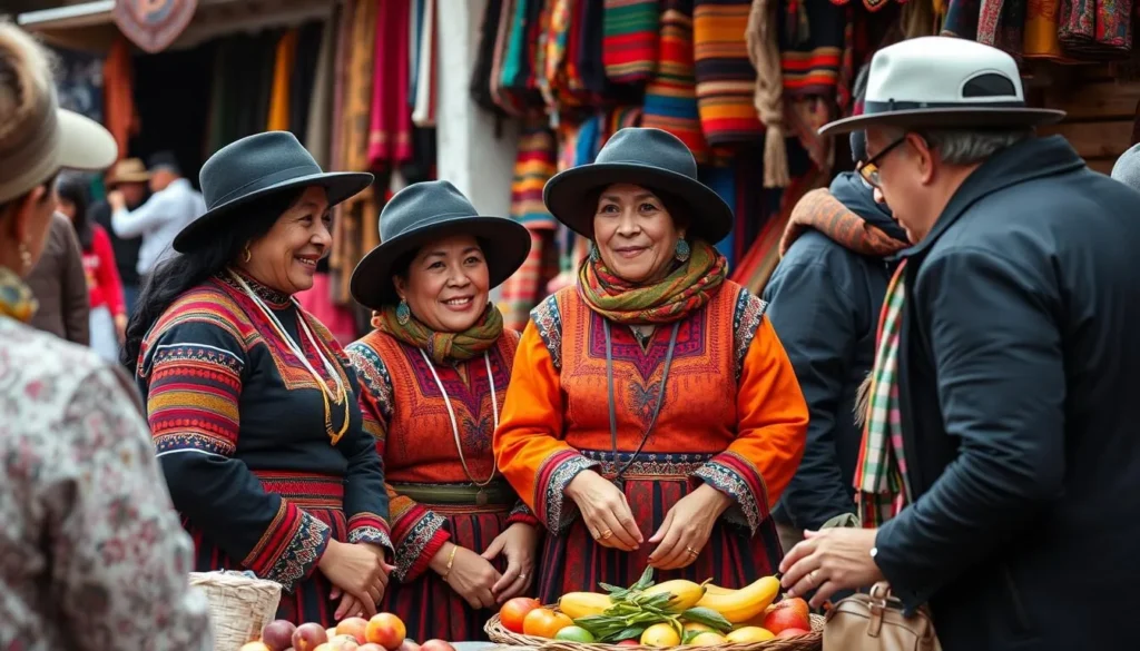 Local Aymara women in traditional dress in Copacabana market, Bolivia