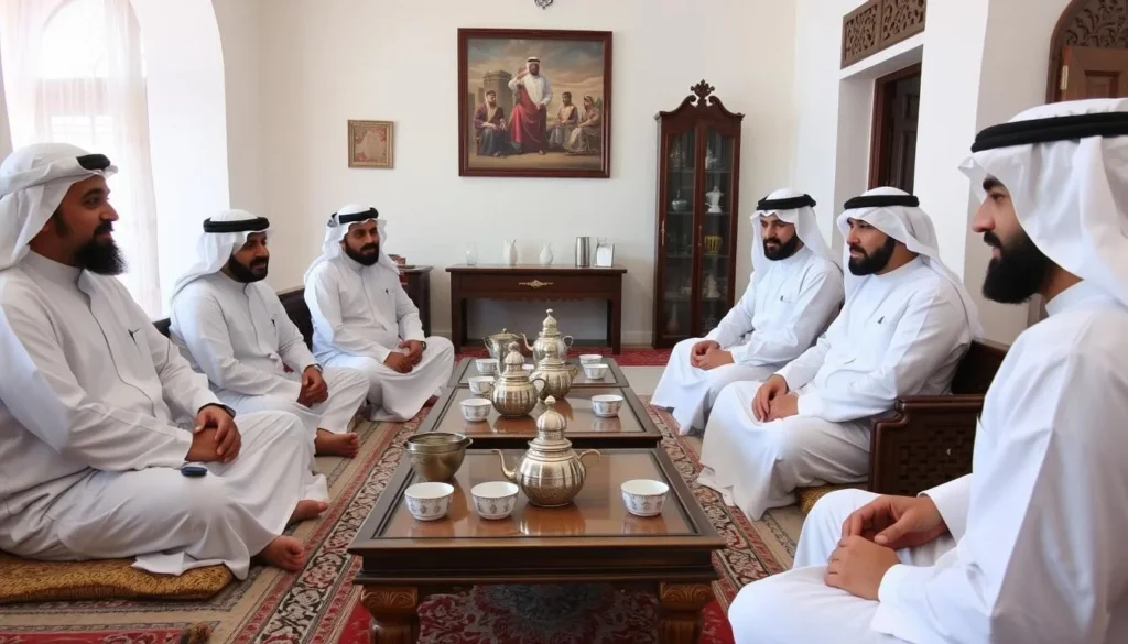 Local Bahraini men in traditional dress having coffee in a traditional setting in Sitra