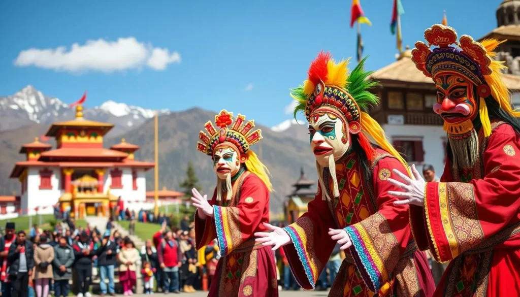 Local Bhutanese festival with traditional masks and costumes