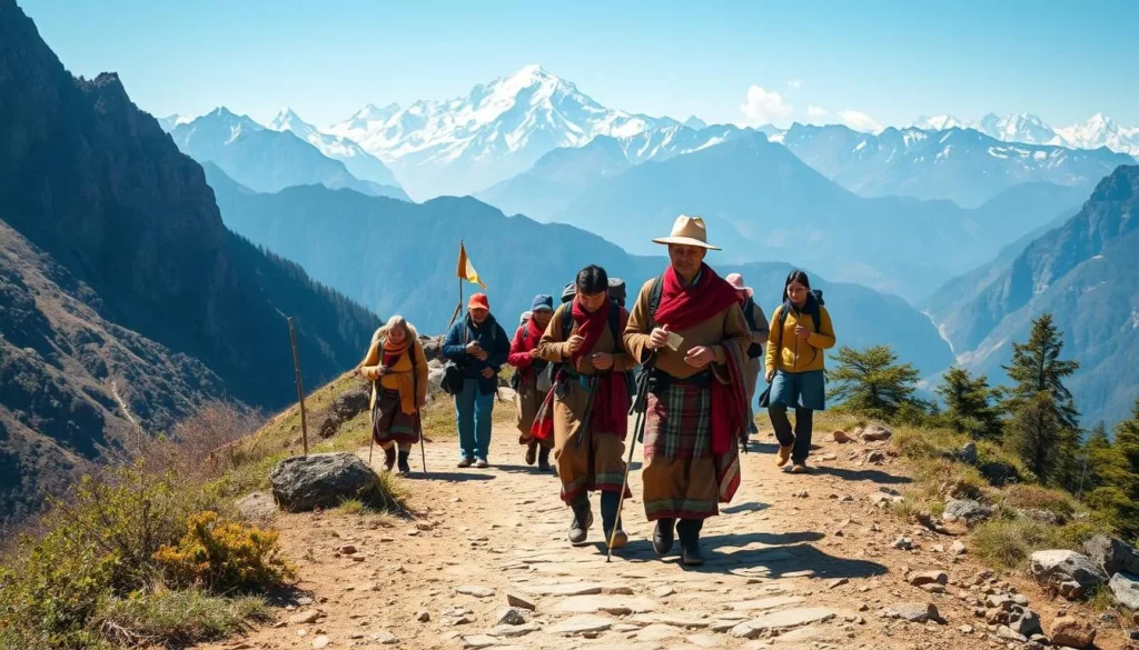 Local Bhutanese guide leading trekkers on a mountain path near Raphstreng Tsho