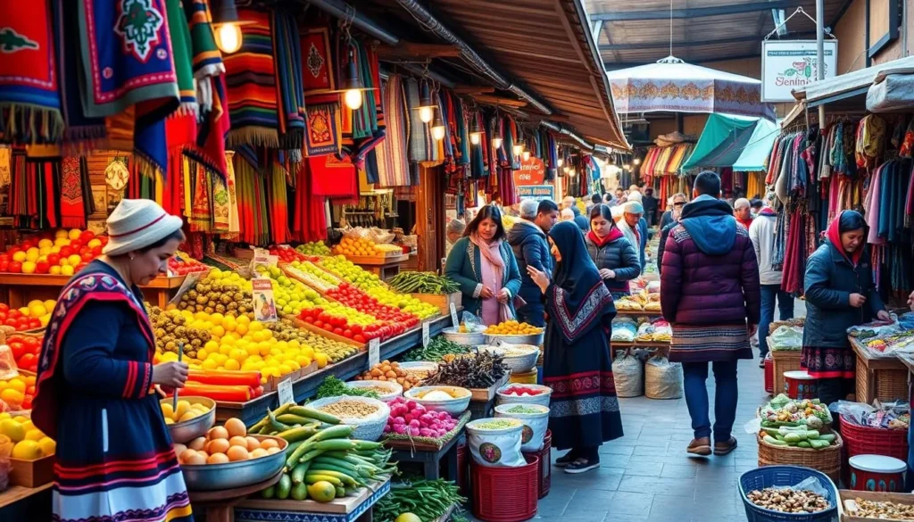 Local Bolivian market in Samaipata with colorful produce and traditional goods