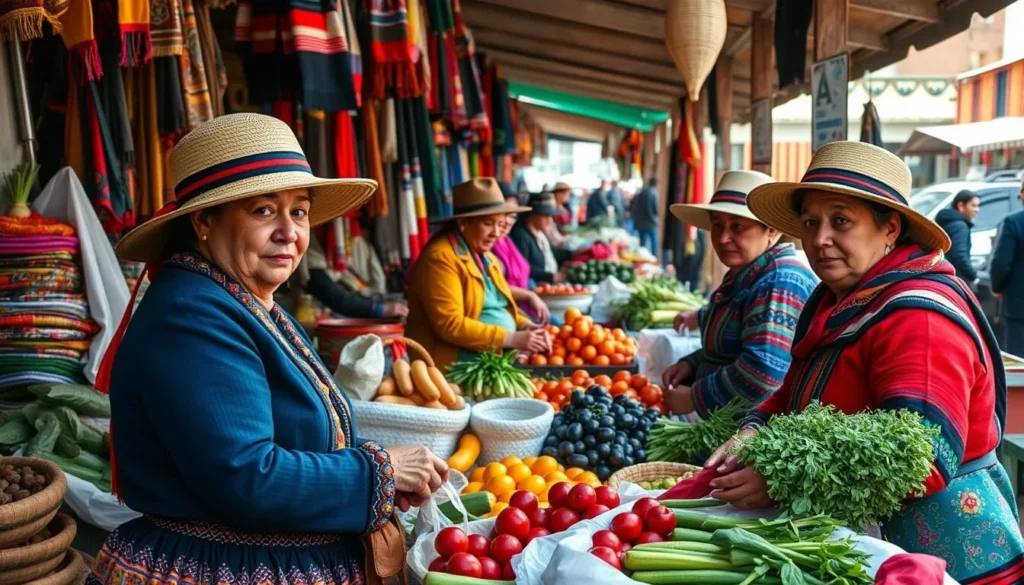 Local Bolivian market in Sucre with vendors in traditional dress selling colorful produce and crafts