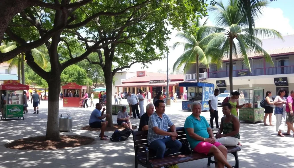 Local Corozal residents and tourists interacting in the central plaza, showing the friendly atmosphere of the town